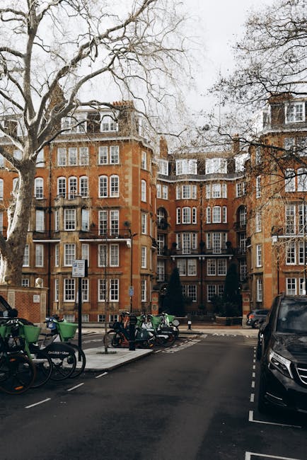 A multi-storey residential building with a traditional brick exterior and numerous white-framed windows, situated on a street lined with leafless trees. In the foreground, a black van and several parked bicycles and bikes with green baskets are visible on the paved road. The parking area includes designated spaces marked with white lines, and a small sign is attached to a pole near the building's entrance. The scene depicts a typical urban environment, with a house removal or moving process likely involving the packing and transportation of belongings, supported by the presence of a parked vehicle and urban infrastructure consistent with house relocation activities. The overcast sky and seasonal leafless trees suggest a late autumn or winter setting, with natural lighting illuminating the scene clearly. Marylebone Removals' services may involve coordinating such logistics for home relocation in this area.